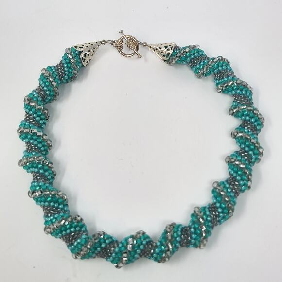 Turquoise Silver Seed Bead Rope Swirl Necklace Toggle Clasp Statement Jewelry - Picture 2 of 5